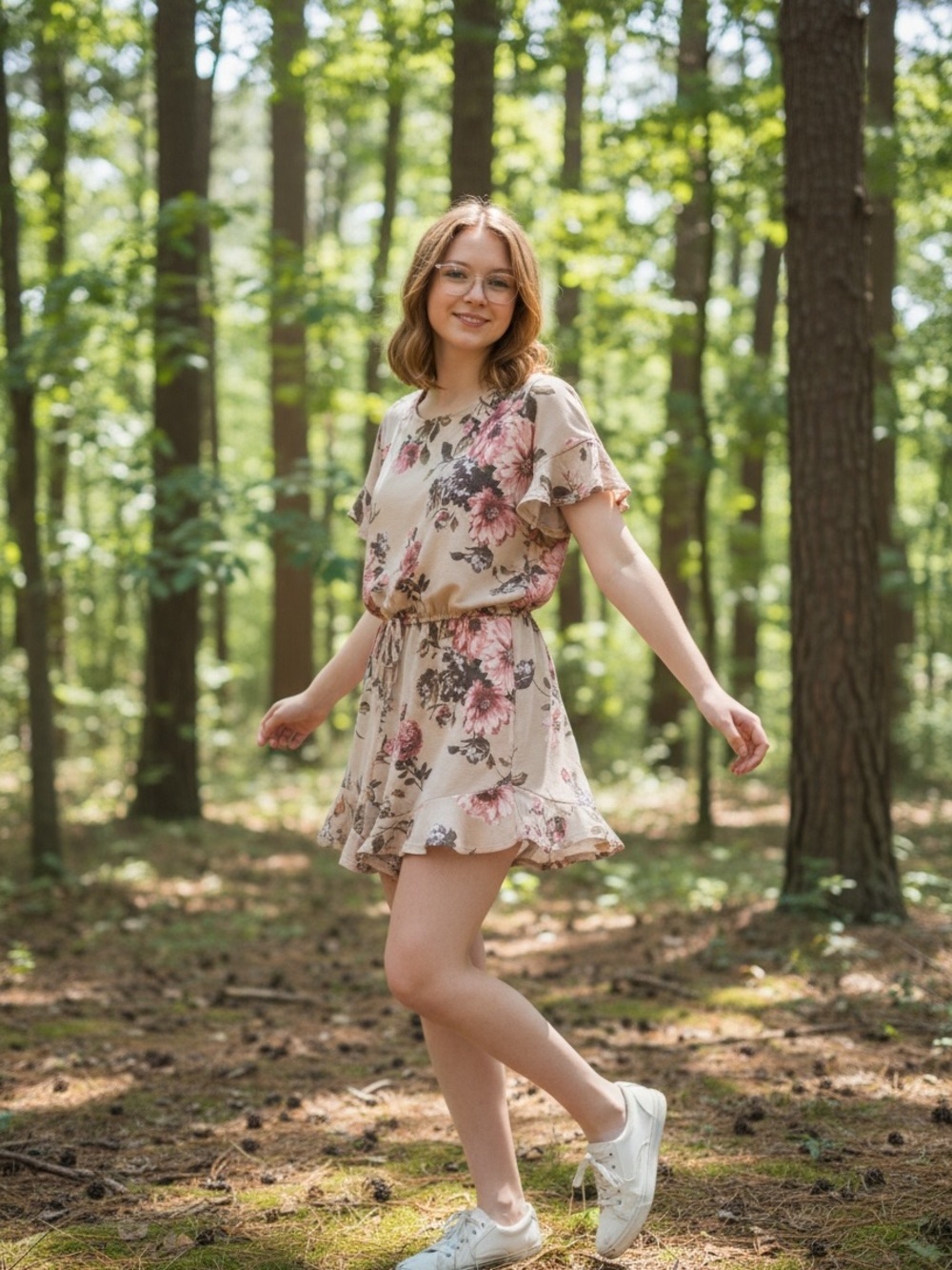 Bluivy Beige Floral Short Sleeve Romper with Pink & Green Accents